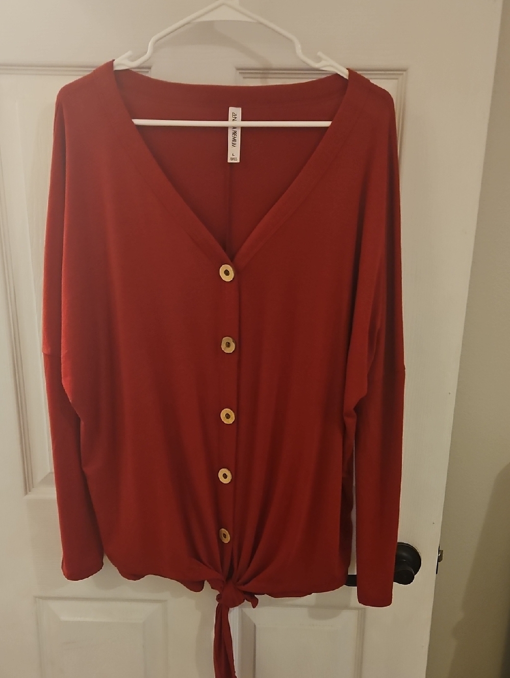 Zenana Outfitters Button-Front Tie-Hem Top - Rust Red